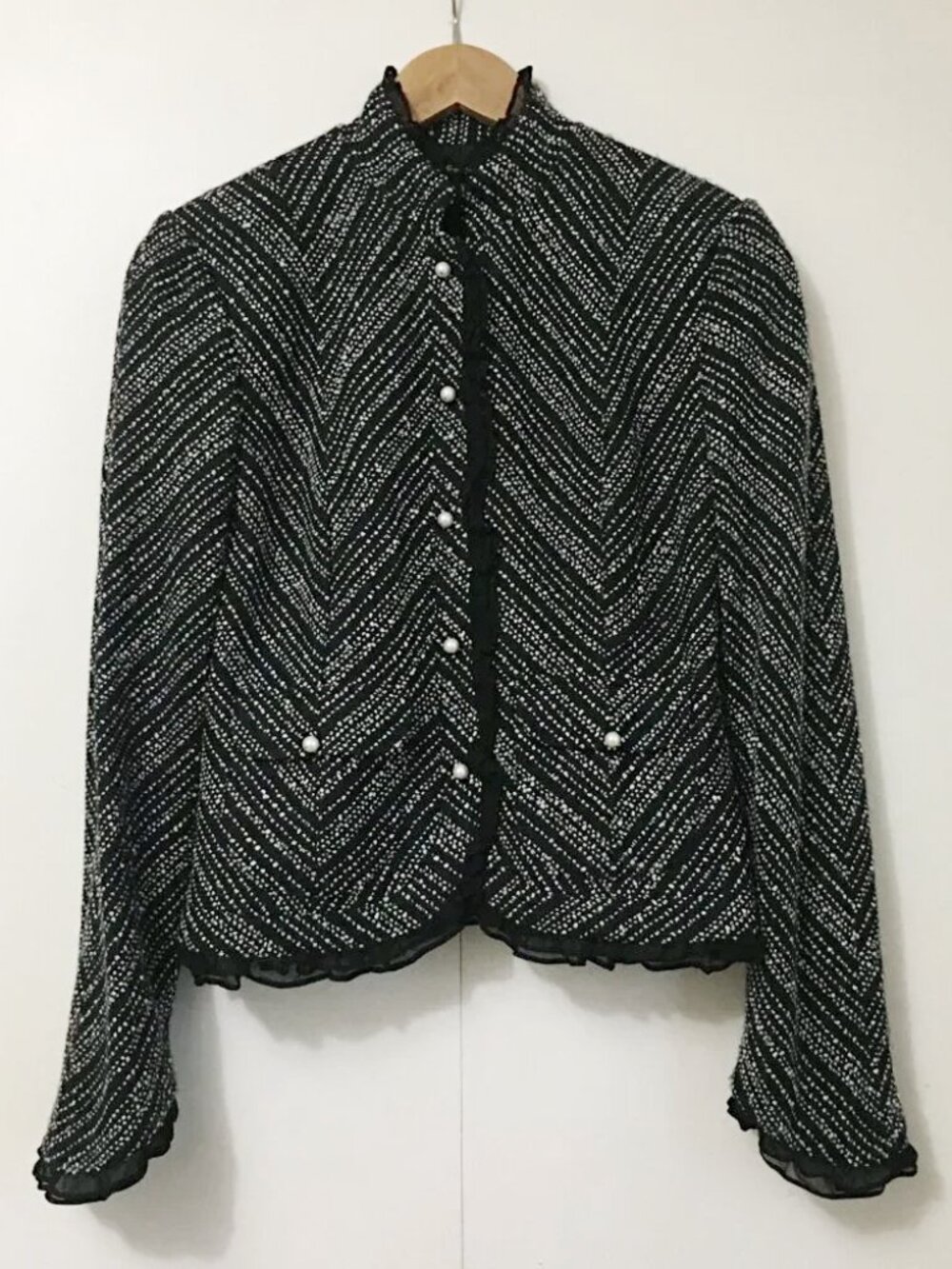 VTG 80s ECI Wool Blend Blazer Zig Zag Pearl Button Cropped Structured Jacket 🎰